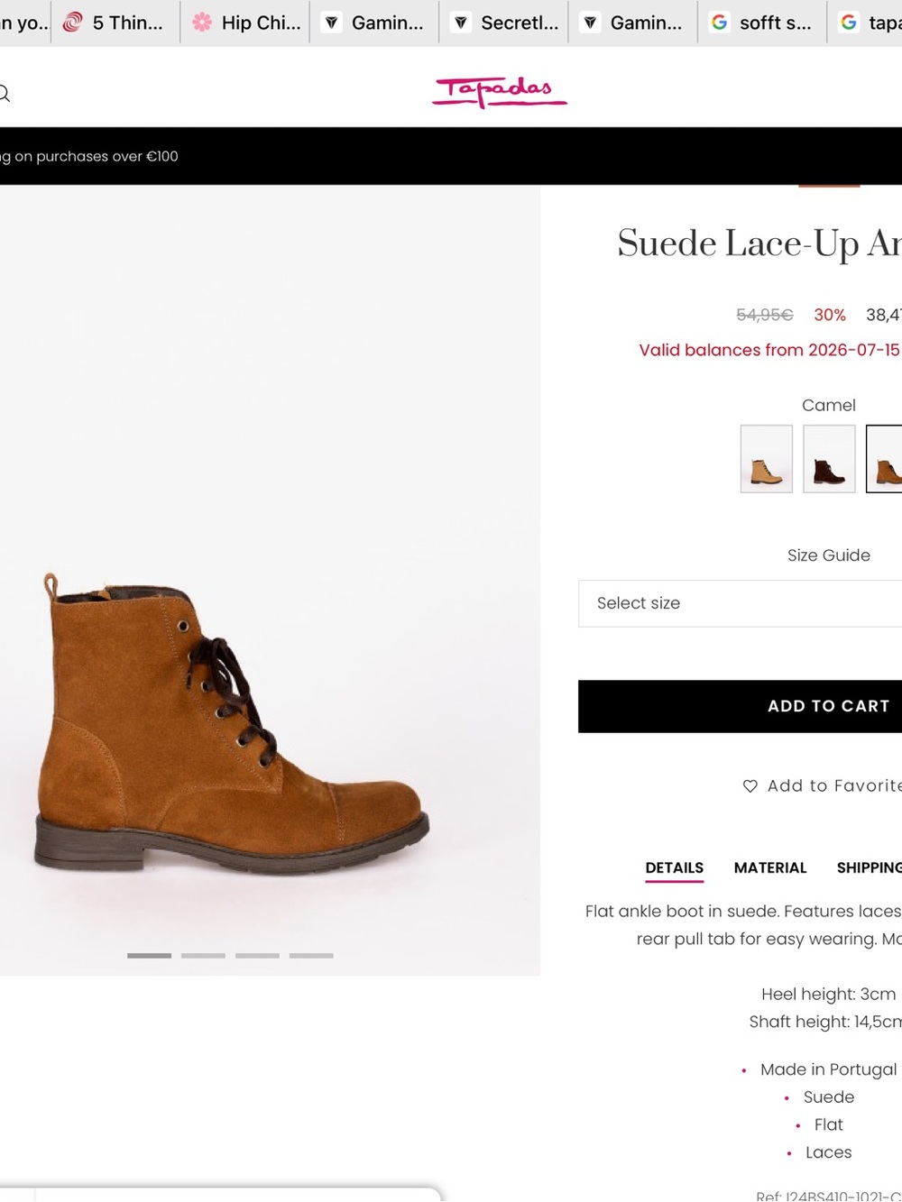 Tapadas Made in Portugal Suede Lace-Up Ankle Boot in Camel